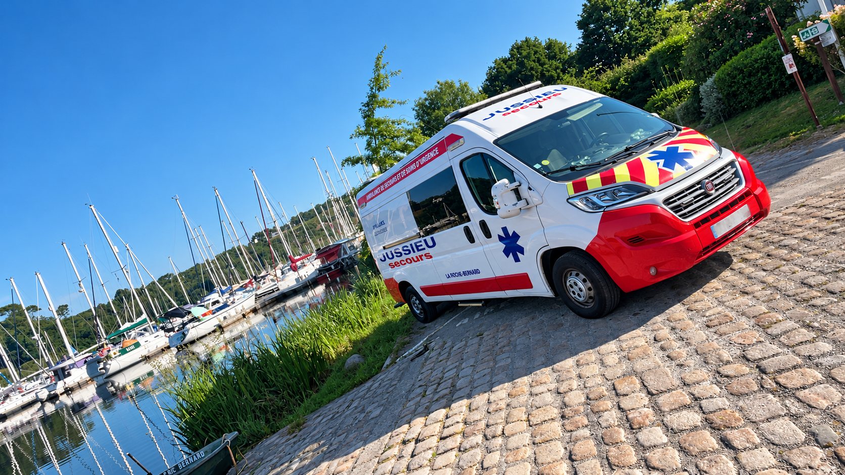 Ambulance Jussieu Secours sur un quai pavé au bord du port