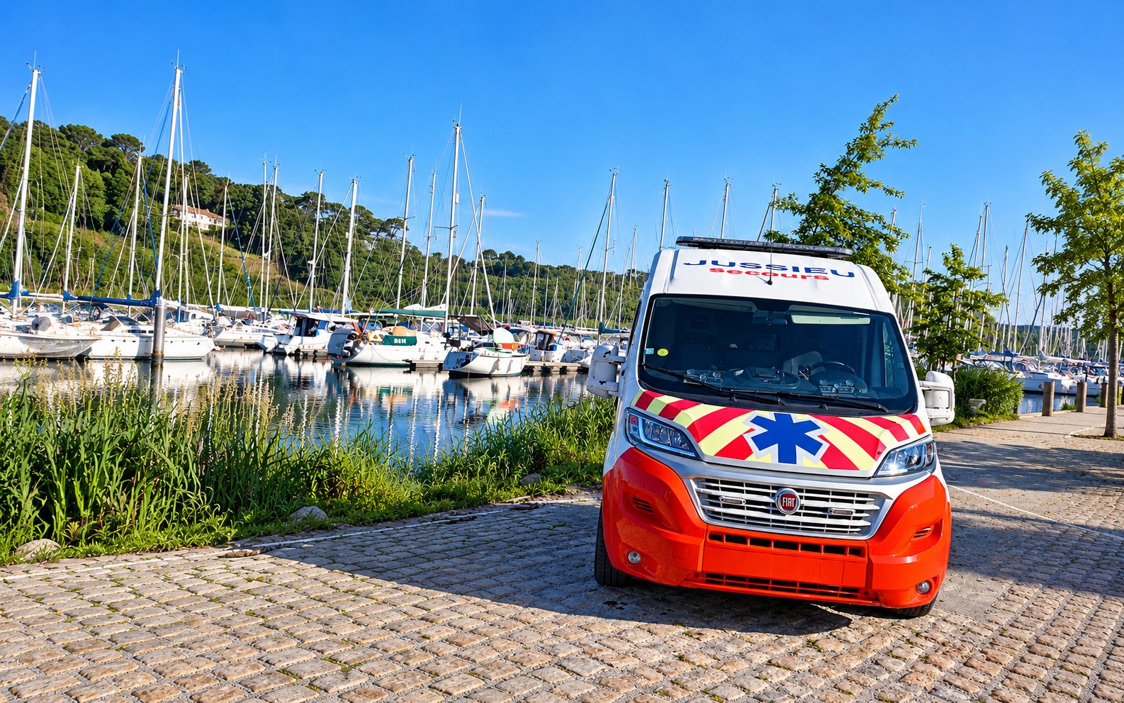 Ambulance Jussieu Secours de face sur un quai pavé, devant le port de plaisance