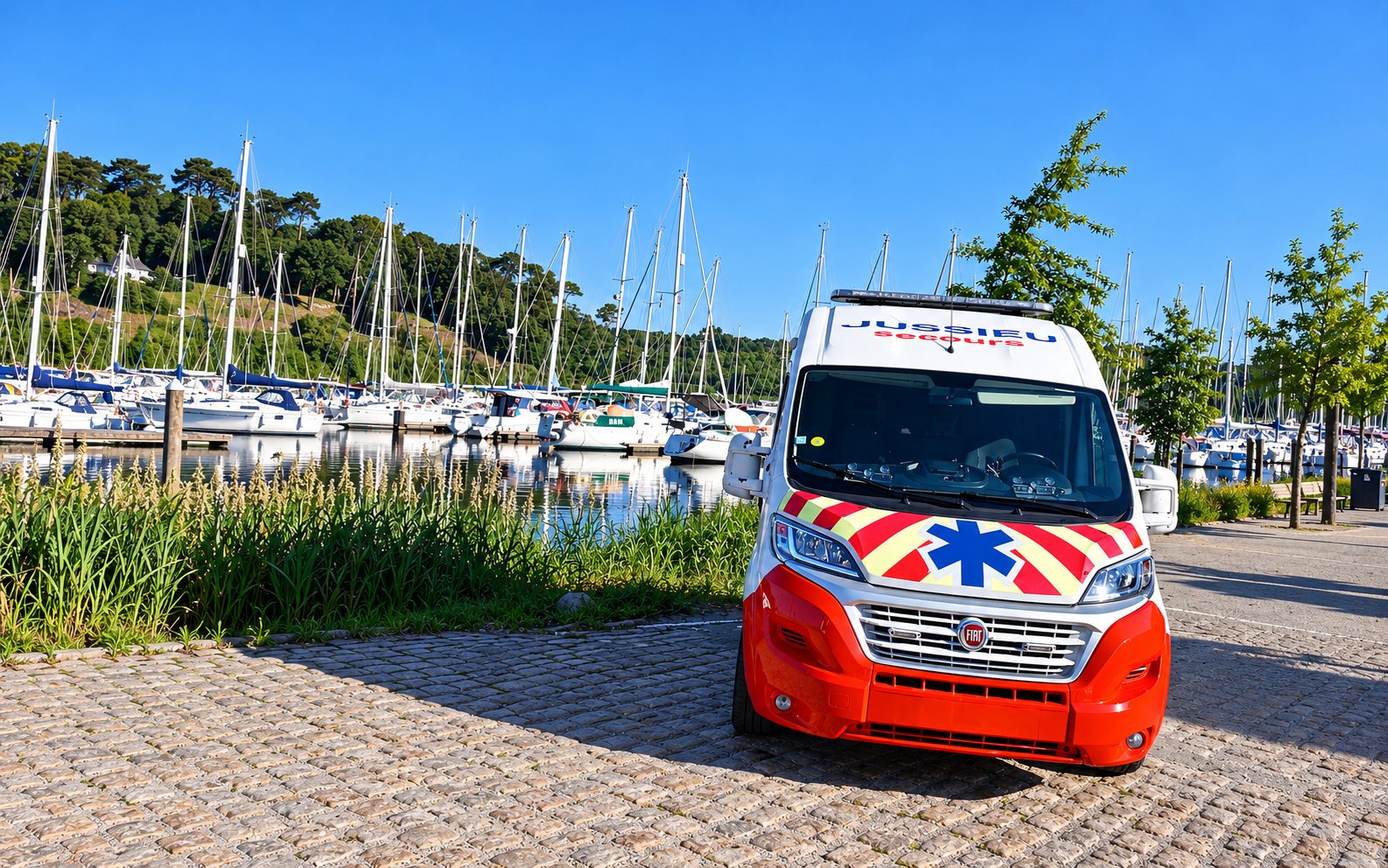 Ambulance Jussieu Secours vue de face sur le quai pavé, voiliers amarrés au port derrière