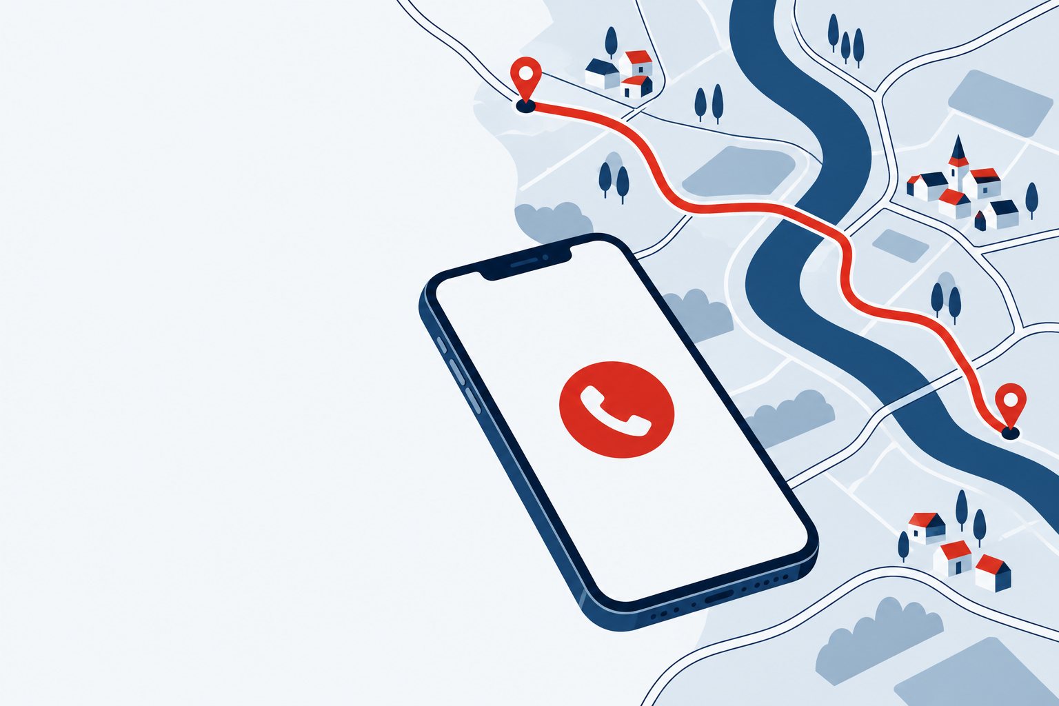 Illustration : un téléphone portable posé sur un plan de routes, avec un itinéraire rouge